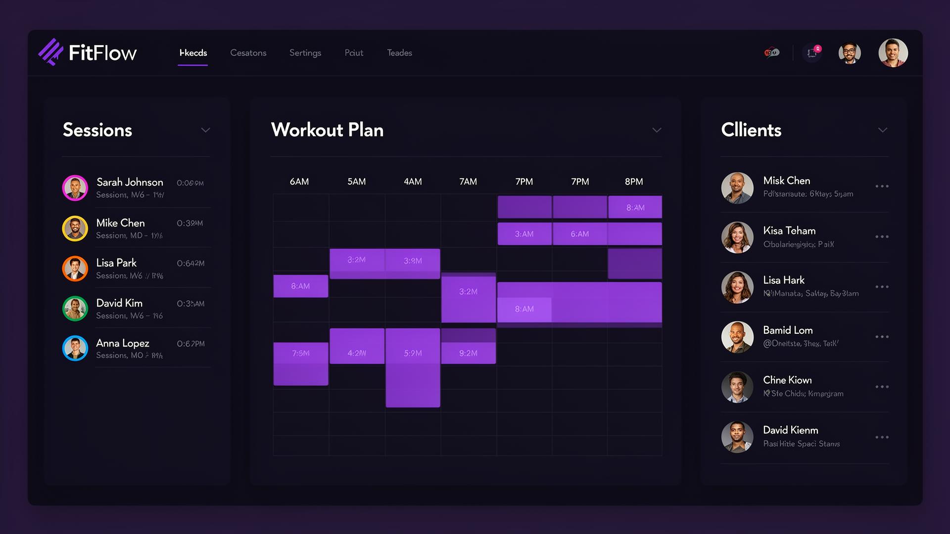FitFloww online personal training platform showing client management, workout programming, and progress tracking